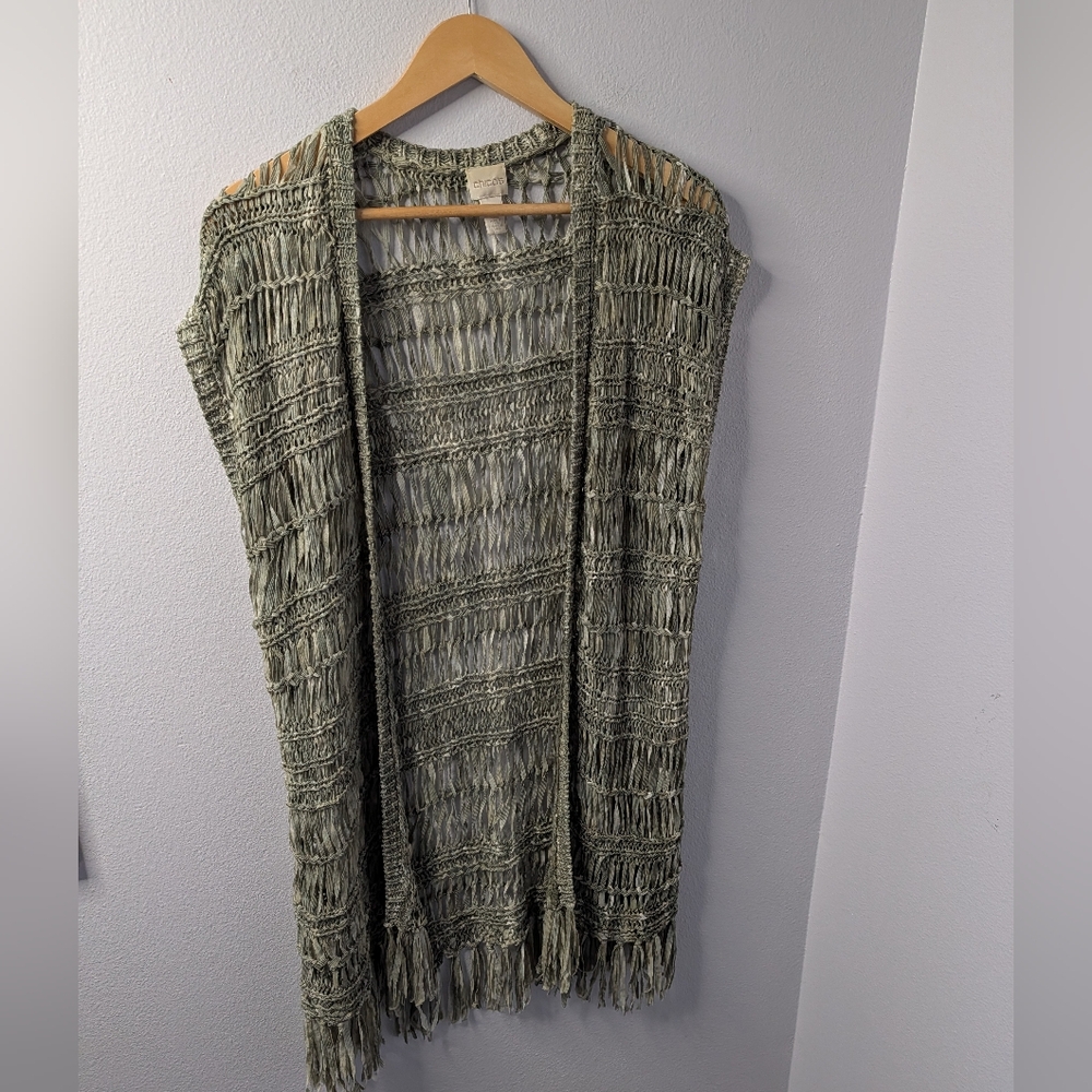 Chico’s Open Knit Fringe Cardigan | Olive Green | Size 2 (L/XL)‎